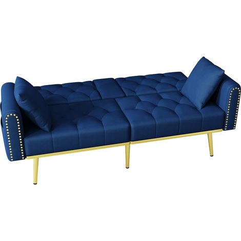 Sofá cama doble de terciopelo azul con respaldo reclinable de 3 posiciones y portavasos (1/5)