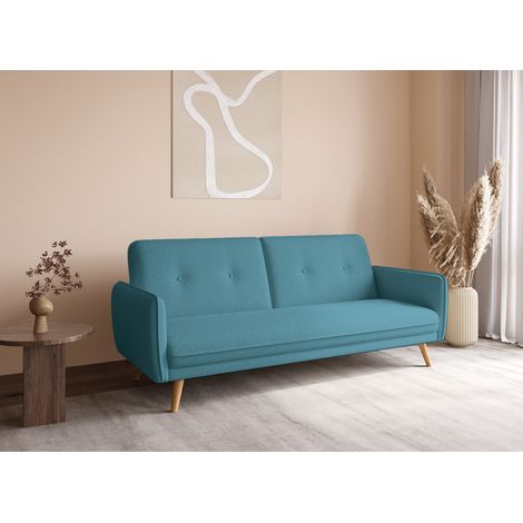 Deco In Paris – Canapé convertible clic clac 3 places en tissu bleu – Pieds en bois – Dimensions 185x86x78cm – Couchage 170x100cm (1/5)