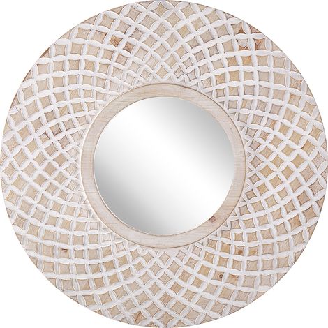 Espejo de pared madera clara redondo 60 cm marco hecho a mano blanco patrón geométrico boho rústico Pomaro