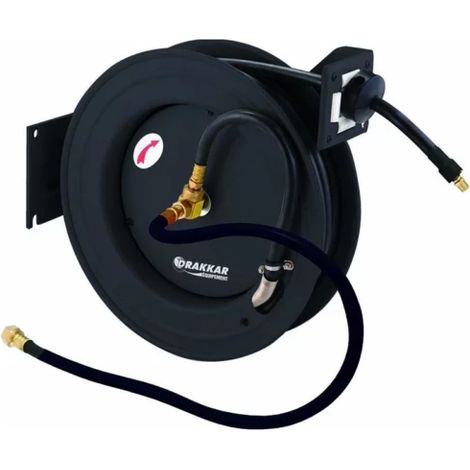 Drakkar Equipement – Enrouleur pneumatique automatique 20 bar – Longueur tuyau 15m – Raccord 3/8" – Support acier robuste – Pour chantiers humides