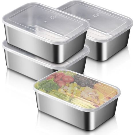 4 PCS Boîtes de Conservation en Acier Inoxydable Avec Couvercle Boîtes de Conservation Avec Couvercle Récipient de Congélation En Acier Inoxydable pour Conserver des Repas(1100 ml)