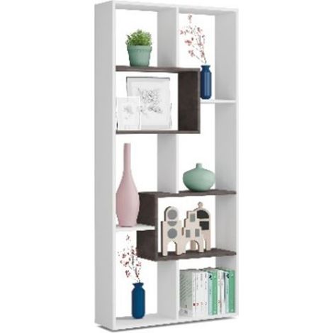 Bibliothèque multipositions horizontal et vertical Blanc artic/ Effet industriel vieilli - 180 x 80 x 25 cm -PEGANE- (1/2)