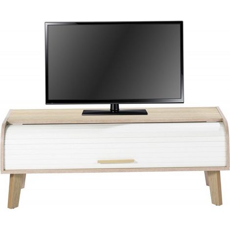 Meuble TV chêne clair rideau blanc Happy 114cm (1/3)