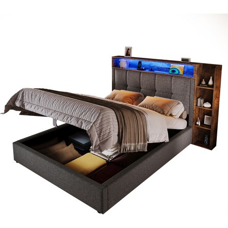 CHICFURN Lit coffre tapisse gris avec rangement USB USB C eclairage LED 90 x 200 (1/5)