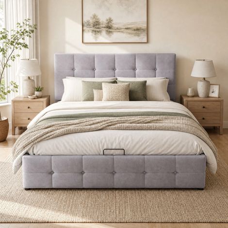 Letto matrimoniale 140x200 cm contenitore idraulico grigio, legno, senza materasso (1/5)
