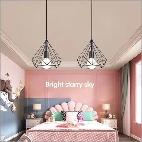 1PCS Rétro Lustre Suspension Salon - Diamant - E27 Ampoule - Métal Noir (1/4)