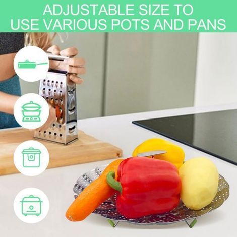 Panier vapeur légumes inox pliable - 1 pièce, 18-28cm, manche télescopique - Convient pour cuisson vapeur Étiquette (1/5)