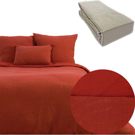 Parure 260x240 gaze de coton OCRE + DH OBIO beige 140x190 à 200 (1/4)
