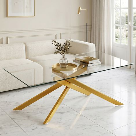 Table basse rectangulaire en verre trempé et métal doré, design moderne, structure stable pour salon (1/5)