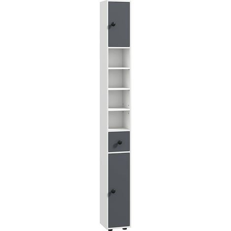 Colonne de rangement haute salle de bain avec 1 tiroir, 4 étagères ajustables, 2 armoires fermées, 20 x 20 x 180 cm, gris (1/5)
