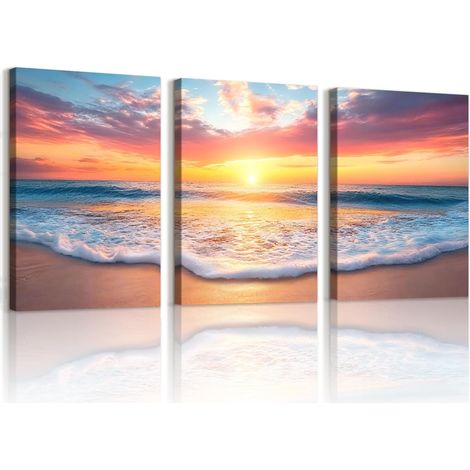 3 Pièces Coucher de Soleil sur la Plage Tableau Decoration Murale (1/5)