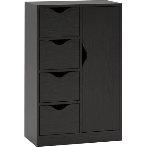 Buffet commode bois 1 placard 4 tiroirs meuble rangement salon cuisine entrée salle à manger noir meuble multifonction gain de place organisation moderne (1/5)