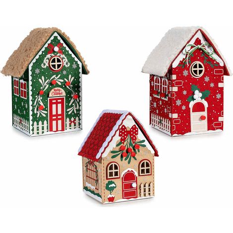Cestini di Natale a contenitore in panno a casetta con tetto apribile, set da 3 pezzi, cm 12 x 9 x 17 H