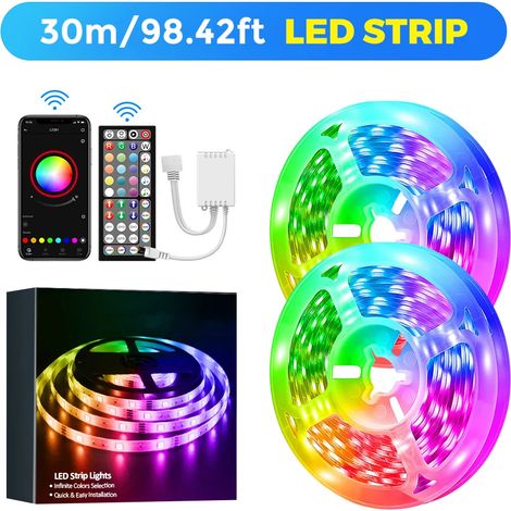 (30m) Bande lumineuse LED RGB à changement de couleur, avec télécommande à 44 touches et contrôle par application, synchronisation musicale. (1/5)