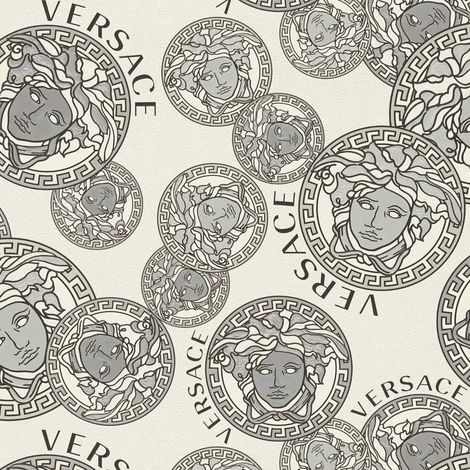 Papier peint Medusa gris sur fond crème Tapisserie luxe graphique à cercles Papier peint design idéal pour cuisine (1/2)