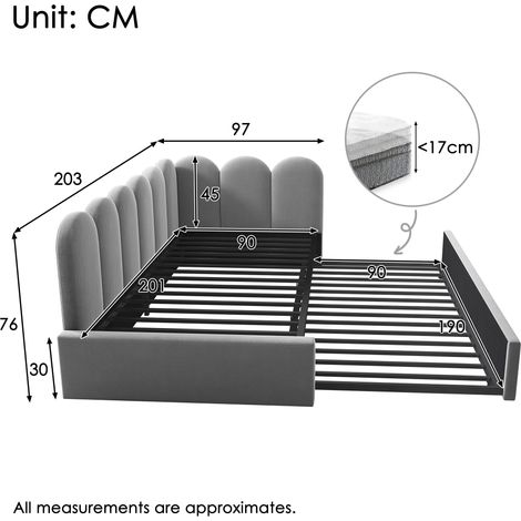 Canapé convertible Polsterbett 90x200 cm, lit enfant 90x190 cm avec tiroir de rangement et sommier, velours gris, sans matelas