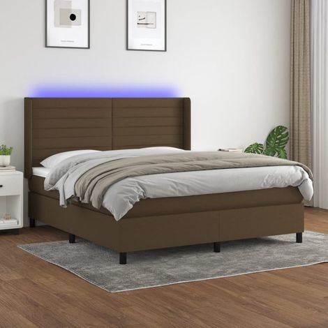 Cama box spring colchón luces LED tela marrón oscuro 160x200cm (1/5)