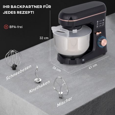Robot culinaire multifonction, batteur mélangeur, 6 vitesses, cuve inox 5,5 L, noir, pour pâtisserie et cuisine (1/5)