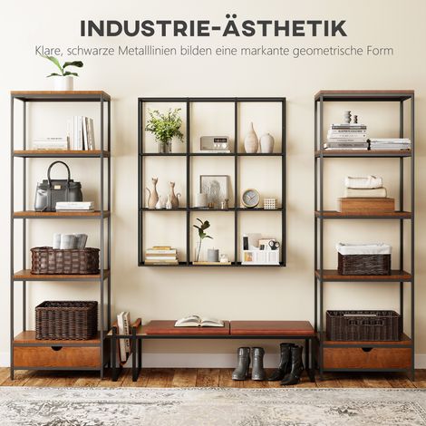 Étagère murale industrielle 9 casiers, rayonnage métallique pour objets de collection, idéal décoration intérieure, Noir (1/5)