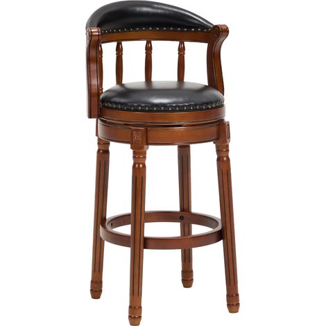 CHICFURN Sgabello da bar girevole 29,5 pollici in pelle nera e legno, schienale curvo (1/5)