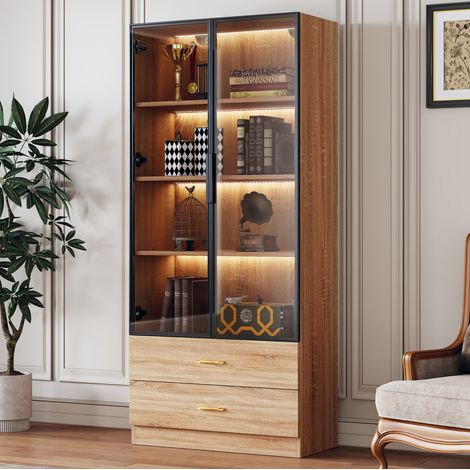 Mobile bagno 75 cm marrone in MDF con vetro temperato, luce LED, 2 cassetti e 2 ante (1/5)