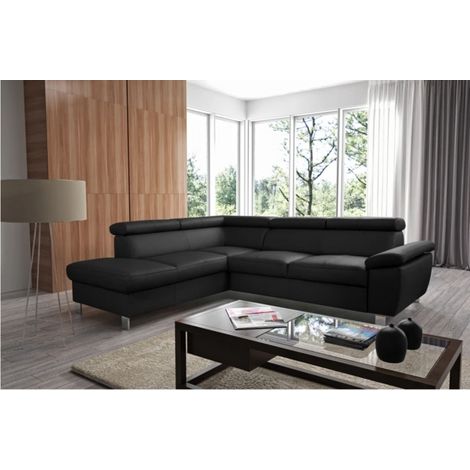 Canapé d'angle convertible en cuir italien de luxe 5 places LUTECIA avec coffre, noir, angle gauche (1/5)