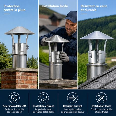 Chapeau de Cheminee Inox pour Conduit 100 mm Anti-Pluie et Anti-Vent 25 x 25 cm (1/4)