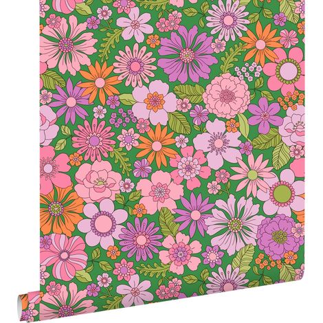 papier peint fleurs rétro vert, violet, rose et orange - ESTAhome (1/5)