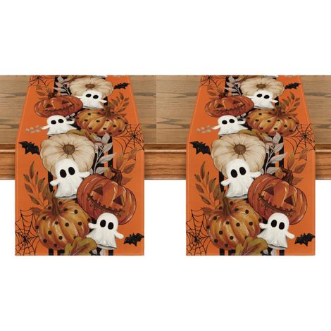 Camino de mesa de Halloween, decoración de mesa para el hogar y fiestas, 33 x 183 cm, calabaza, linterna de calabaza, fantasma naranja (2 piezas) (1/5)