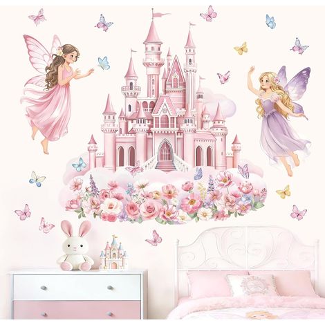 Stickers Muraux Château Rose Fille Fée Autocollant Mural Fleur (1/5)