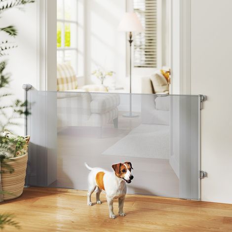 Einziehbares Hundegitter 0-140 cm Sicherheitsbarriere mit Verriegelungsschalter für Türen und Treppen, Grau