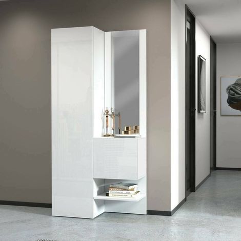 Dmora - Eingangsmöbel Vinicio, Multifunktionsschrank mit 2 Türen, Mehrzweckschrank mit Spiegel, 90x35h190 cm, Weiß, mit verstärkter Verpackung (1/5)