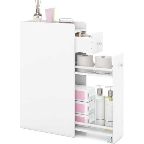 COSTWAY Mobile da Bagno Piccolo, Mobiletto Salvaspazio Stretto a 4 Ripiani con Cassetti Estraibili su Ruote, Credenza Sottile da Terra Porta Carta Igienica per Spazi Ridotti (Bianco) (1/5)