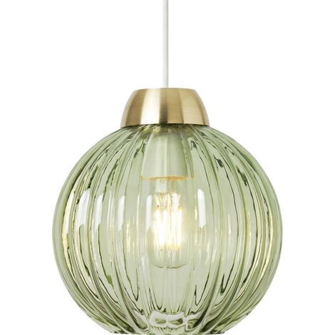 Litecraft Clara Light Shade Green Glass Ribbed Easy Fit Lampshade - Satin Brass (1/5)