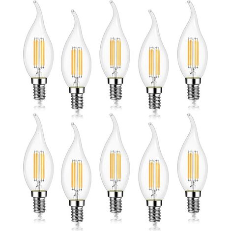 Lot de 10 4W Ampoule de Filament LED E14 470LM Flamme Bougie Blanc froid 6000K, Non-Dimmable, Angle de Faisceau 360°