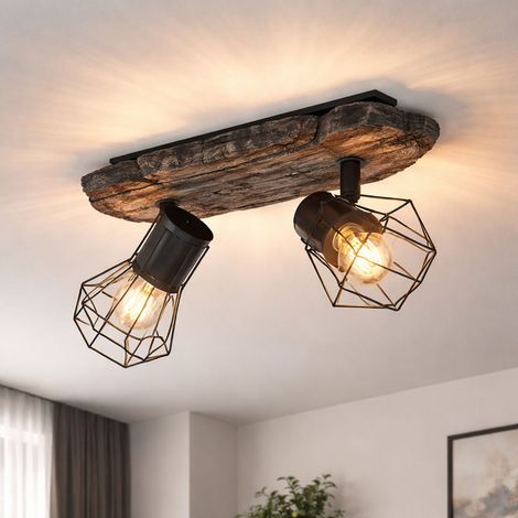 LED Deckenlampe Wohnzimmer Holzoptik Deckenstrahler 2 flammig Retro Geflecht Spots verstellbar, Metall Kunststoff, 2x 6,5W 806LM warmweiß, LxBxH 38,5x12x23 cm