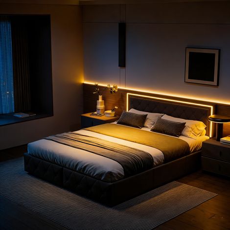 Lit adulte/ado 140x200 cm avec tête de lit LED, 4 tiroirs, similicuir gris, style minimaliste