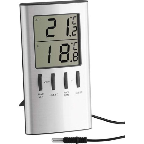 TFA Dostmann Termometro Digitale per Interni ed Esterni, Temperatura Esterna, Temperatura Interna, Ideale Anche per congelatore/Acquario, 30.1027, Grigio Argento