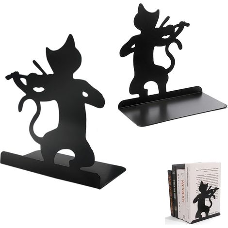 par de sujetalibros con forma de gato, de metal negro, 135 × 95 × 160 mm, antideslizantes para estantes.