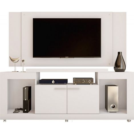Beaux Meubles Pas Chers – Meuble TV 55 pouces blanc avec support mural – 5 niches – Roulettes – Dimensions L 173 x H 160.5 x P 38.5 cm – Bois certifié FSC (1/5)