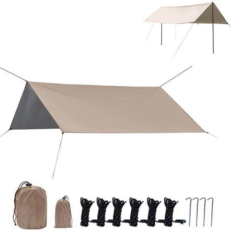 Auvent portable imperméable avec sac de rangement, SPF 300x300 cm, bâche de camping légère adaptée à la randonnée pour 3-4 personnes, kaki. (1/5)
