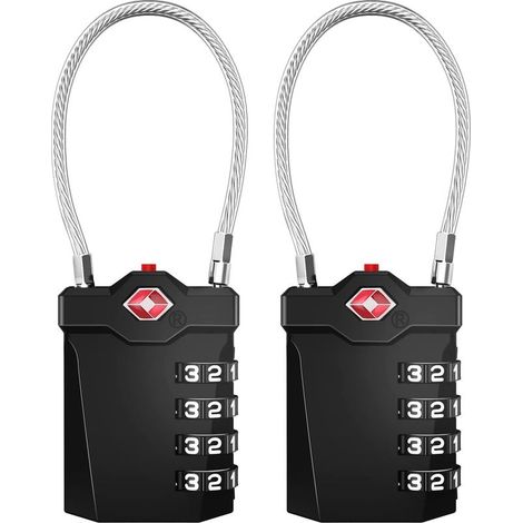 Cadenas de valise, cadenas à combinaison TSA à 4 chiffres avec alarme d'ouverture, cadenas de câble de salle de sport (2 pièces, noir) (1/5)