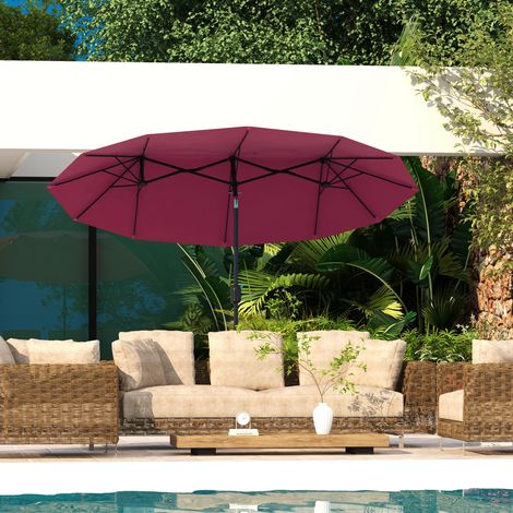 Parasol double de jardin 295x152x222 cm avec inclinaison de 45° et manivelle manuelle pour terrasse, balcon, piscine, rouge. (1/5)