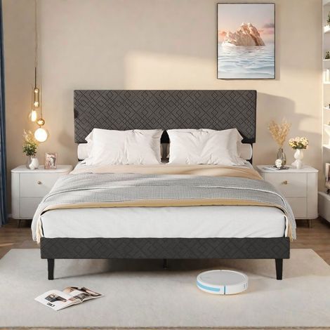 Bett 140x200 cm, gepolstertes Bett mit Lattenrost, gepolsterter Bettrahmen mit einzigartiger Kopfteilform, für 2 Personen, Grau