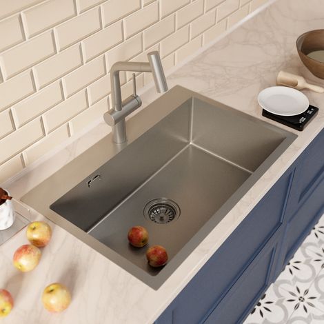 Ceramia Timeless 68x45x21 cm évier encastrable inox 304 + mitigeur inox avec douchette extractible, gun metal brossé (TMLKST-6845BGM-M1) (1/4)