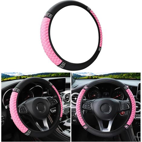 Housse de volant en cuir souple, protection de volant élastique auto ornée de strass colorés, diamants en cristal scintillants pour femmes et filles (rose) (1/5)