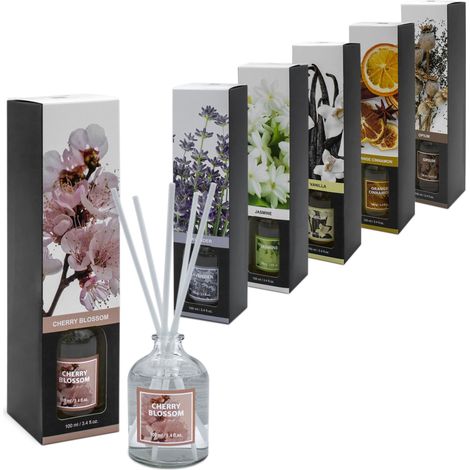 Raumduft mit Diffuser Sticks in 6 verschiedenen Düften - 6er Set - Duftdiffuser 100 ml mit 5 Stäbchen - Raum Erfrischer Lavendel Jasmin Kirschblüte Orange-Zimt Opium Duft Aroma Therapie