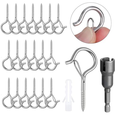 Lot de 20 Crochet a Visser M4, Plafond en Inox, Piton à Mural Visser, Forme Q Crochets et Suspensions pour Plantes, Lanternes Décoration Fête (Argent) (1/5)