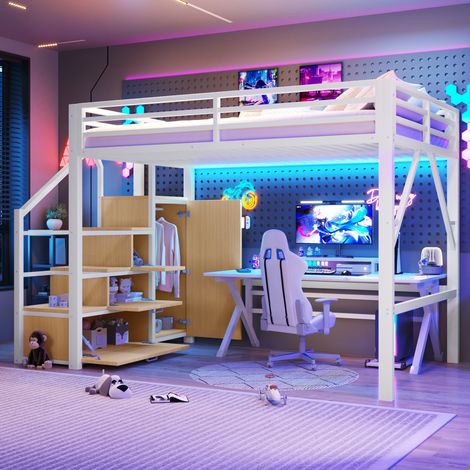 Cama alta dormitorio con armario y LED blanca OKMYHOME (1/5)