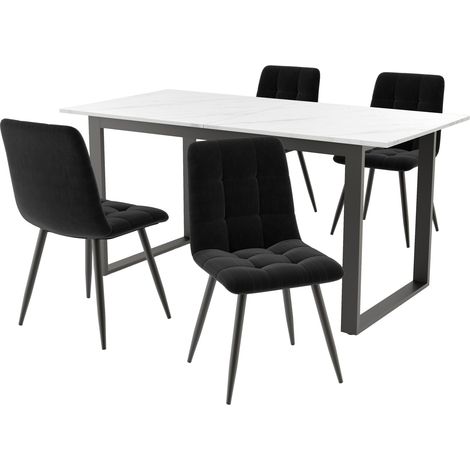 Ensemble de repas moderne avec table extensible 140-180x80x75 cm, plateau MDF blanc, pieds noirs et 4 chaises en velours noir (1/5)